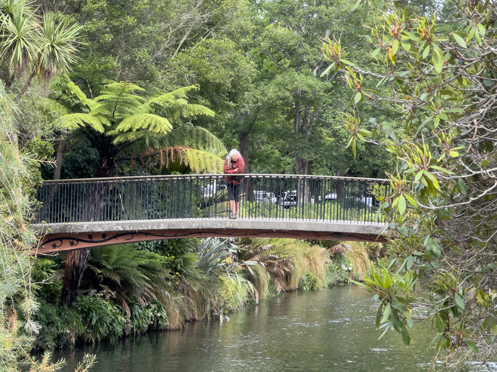 Mit Ma im Botanischen Garten in Christchurch unterwegs. Kleine Brücke über den Avon River