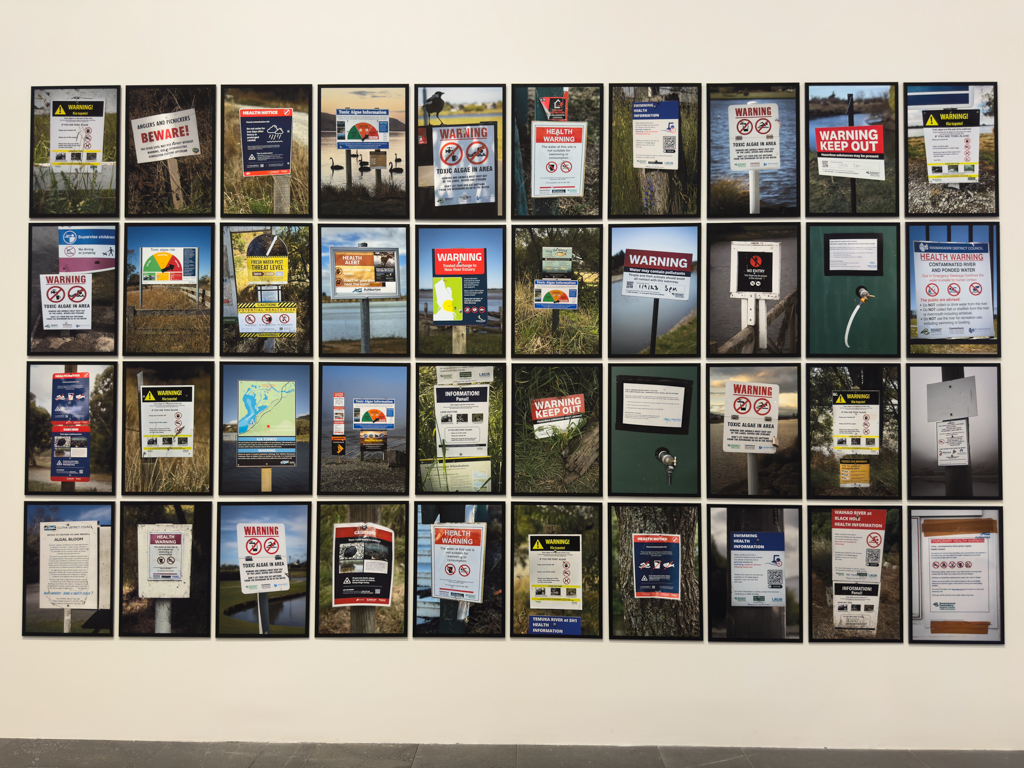 Sammlung von Warnhinweisen zu einer toxischen Alge die sich hier ausbreitet