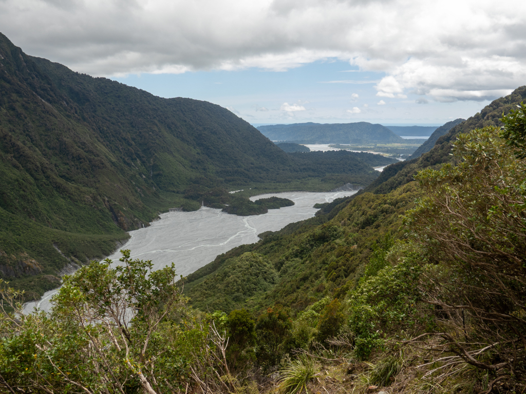 Blick von der Roberts Point Viewing Platform auf das Gletschertal des Franz Fosef Gletschers