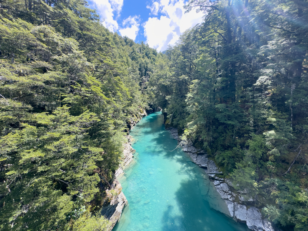 Der klare türkisfarbene Routeburn River unter uns...