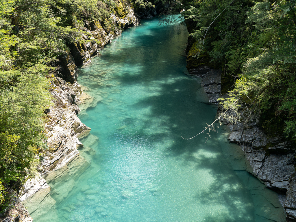 Der klare türkisfarbene Routeburn River unter uns...