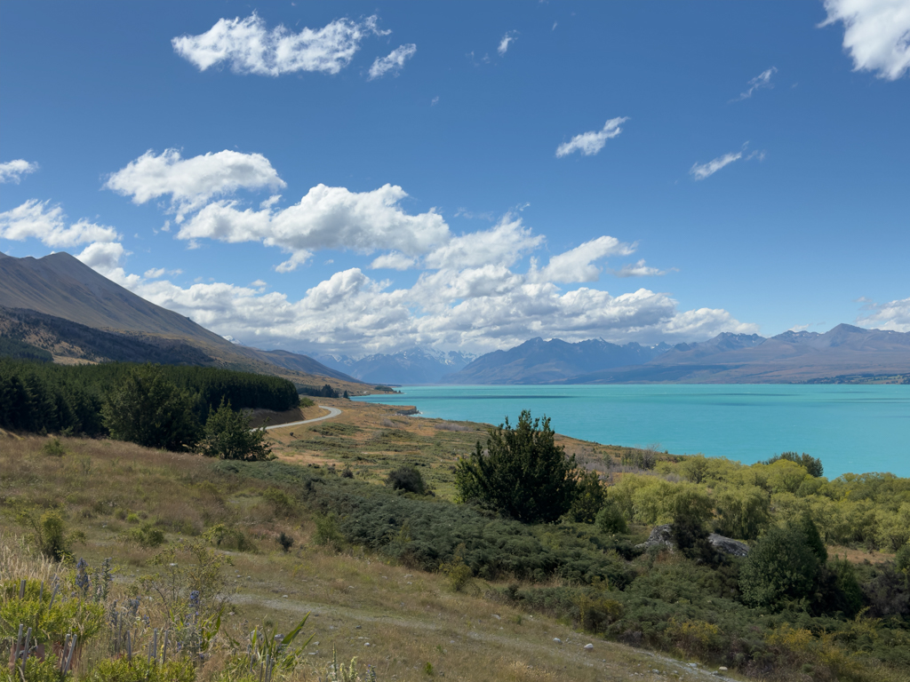 Lake Pukaki vom Peter's Lookout aus mit Berglandschaft dahinter