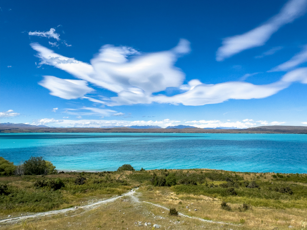 Lake Pukaki vom Peter's Lookout: der türkisfarbene See liegt quer vor uns