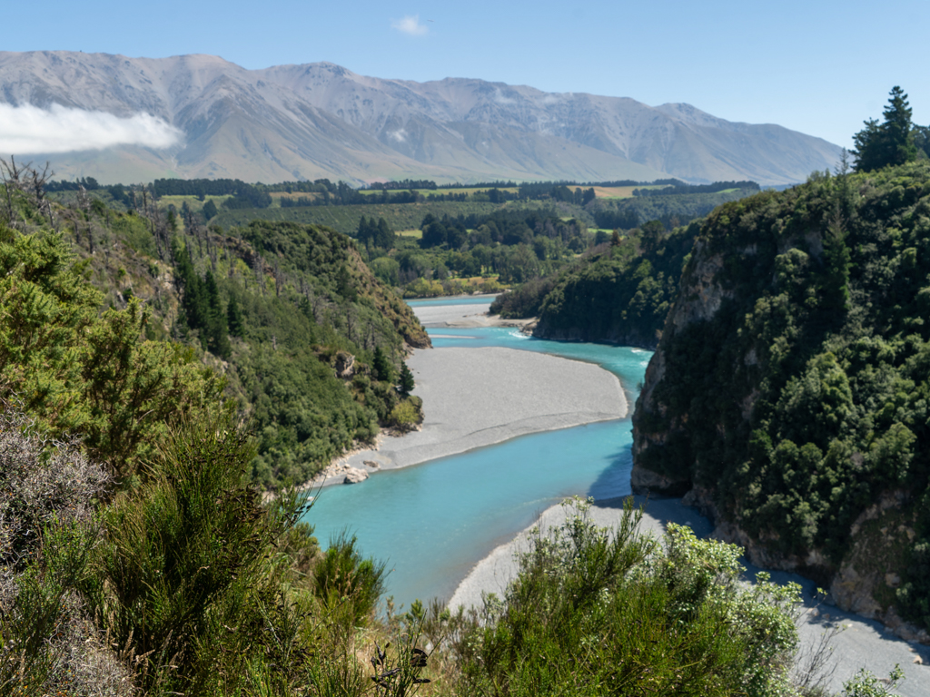 Auf der Wanderung zum Lookout. Unter uns der türkisfarbene Rakaia River