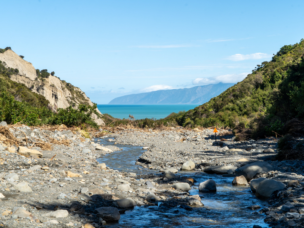 Schmal fliesst der Putangirua Stream vorbei, bevor er im Flussbett verschwindet
