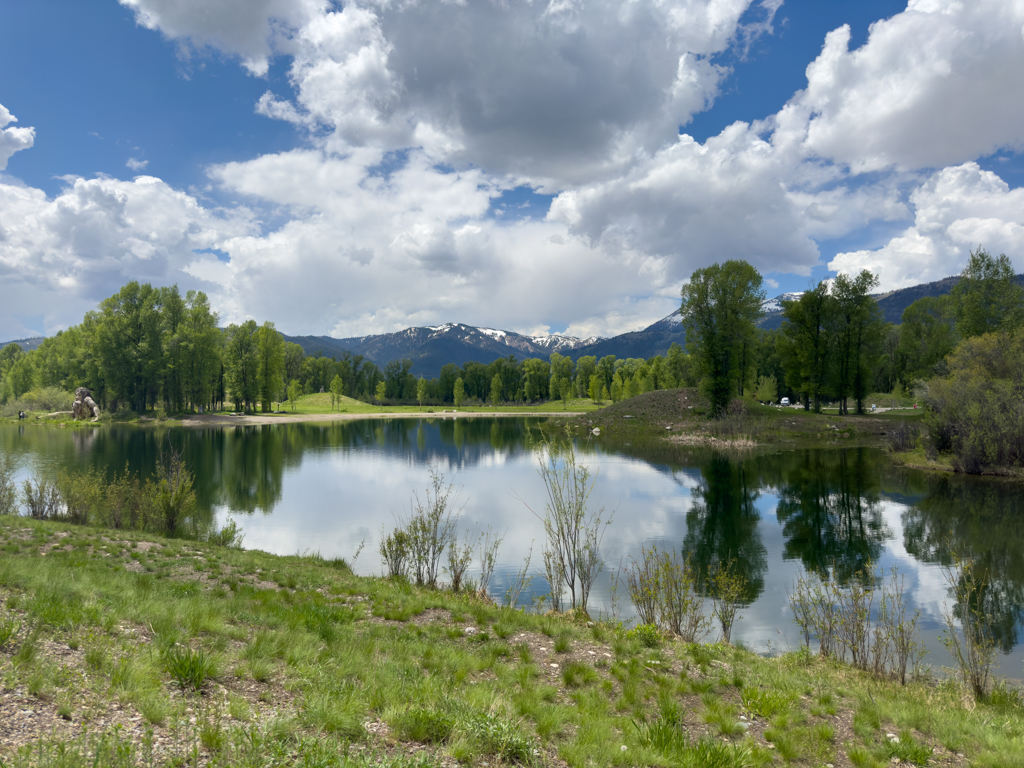 Spiegelung im Rendevous-Park am Snake River, mit Martha und Troll-Frau Holzskulptur