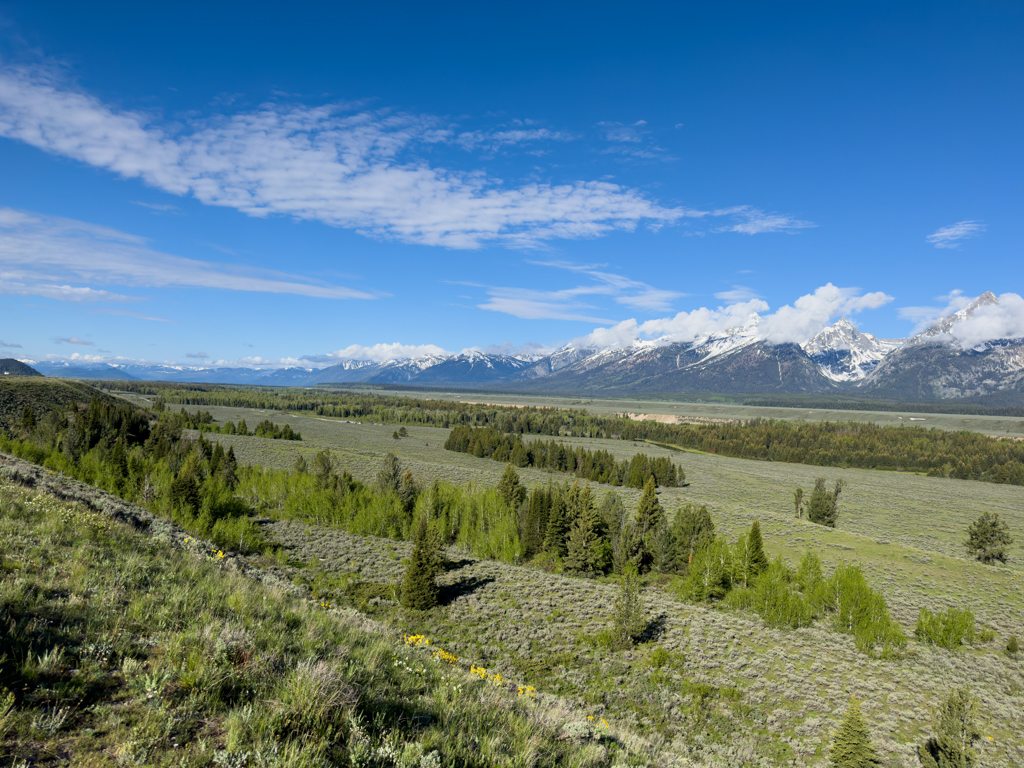 Ausblick auf die Ebene vor den Teton Mountains