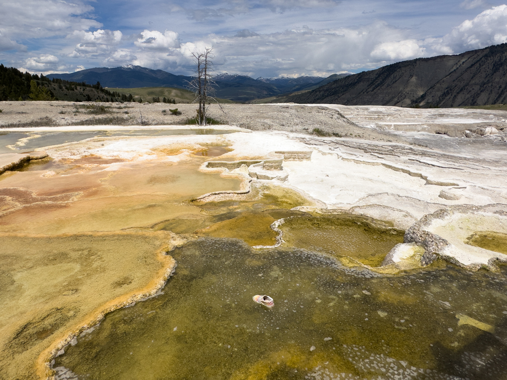 Ein verlorener Kinderschuh liegt in einer der Mammoth Sinterterrassen