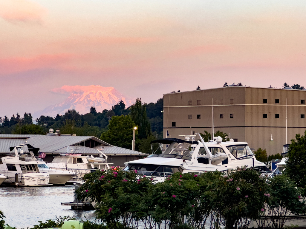 Der Mt. Rainier lässt sich im Abendrot bewundern