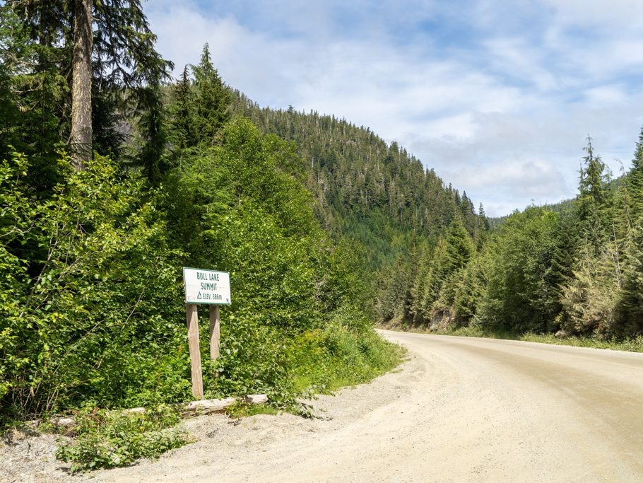 Pass: Bull Lake Summit, 586 m. Auf der Gravel Road von Gold River in Richtung Tahsis