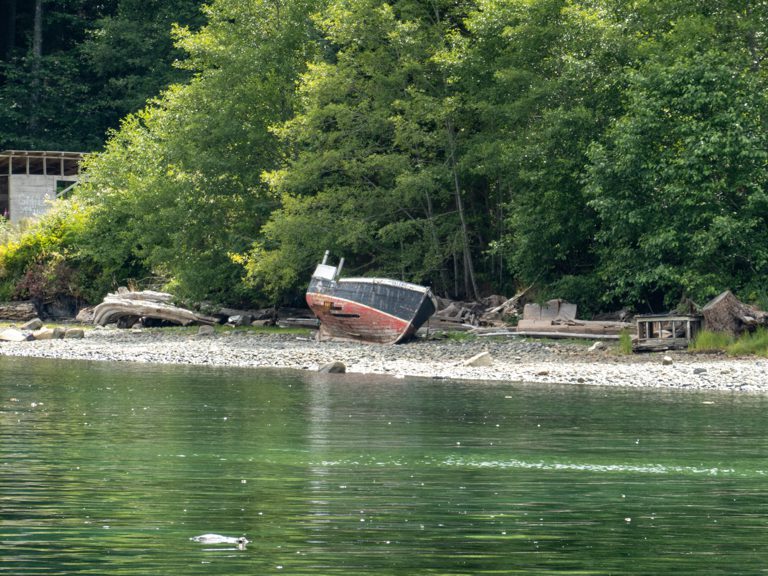 Schiffswracks entlang des Strandes in Alert Bay