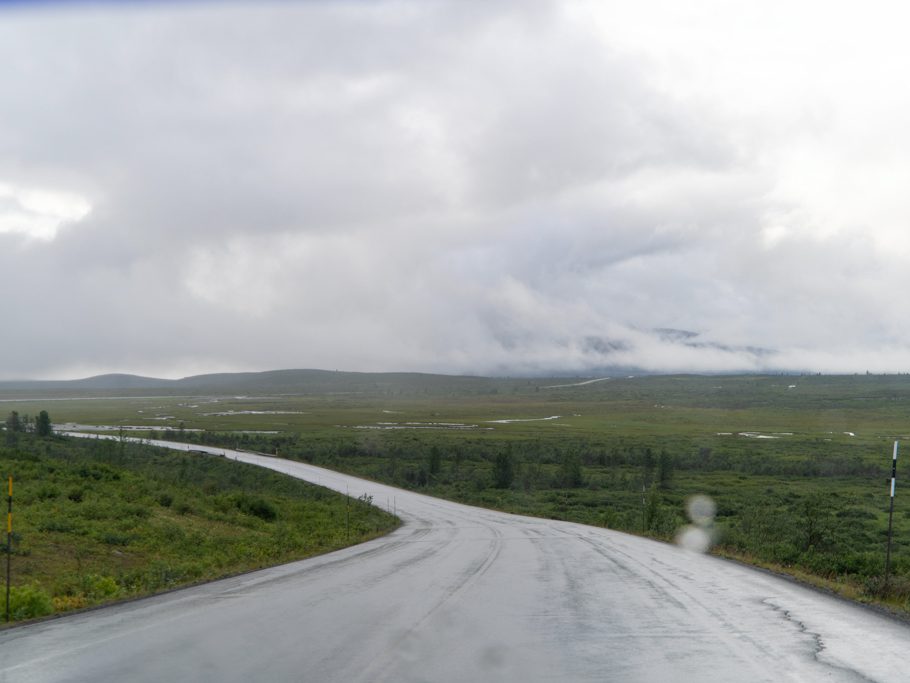 Highway nach Haines, Alaska; leider beginnt hier der Regen stärker zu werden und die Wolken hängen tief