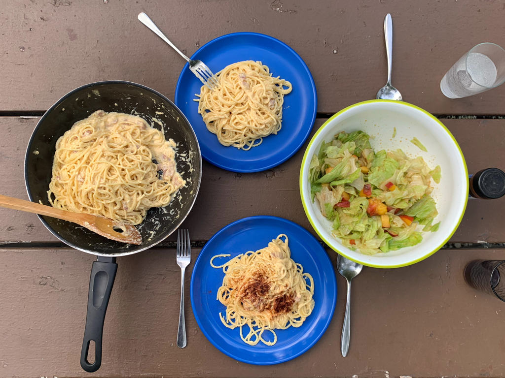 Mmhh, Spaghetti Carbonara - wohlverdient nach der anstrengenden Fahrt heute