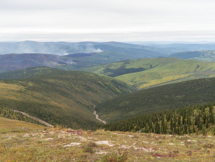 Aussicht vom Top of the World Highway; es sind einige Waldbrände sichtbar