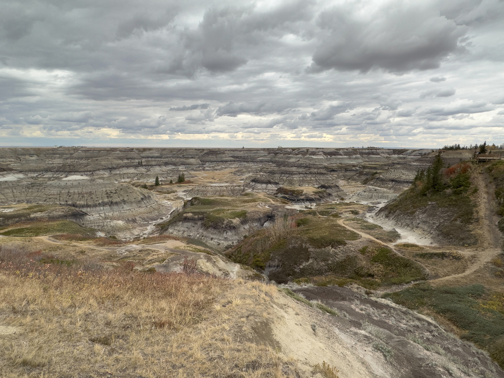 Aussicht auf den Horseshoe Canyon mit Regenwolken