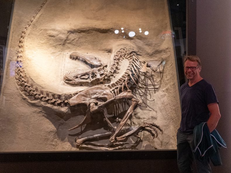 Jo vor einem Raptor Fossil was wohl in einem Fluss ertrunken ist und im Schlamm verewigt wurde