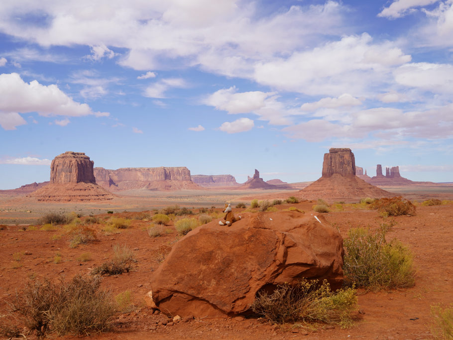 Mo macht Pause. Links East Mitten Butte, rechts Merrick Butte