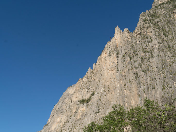 Senkrechte Kletterwand mit kleinen Kletterern fast oben angekommen.