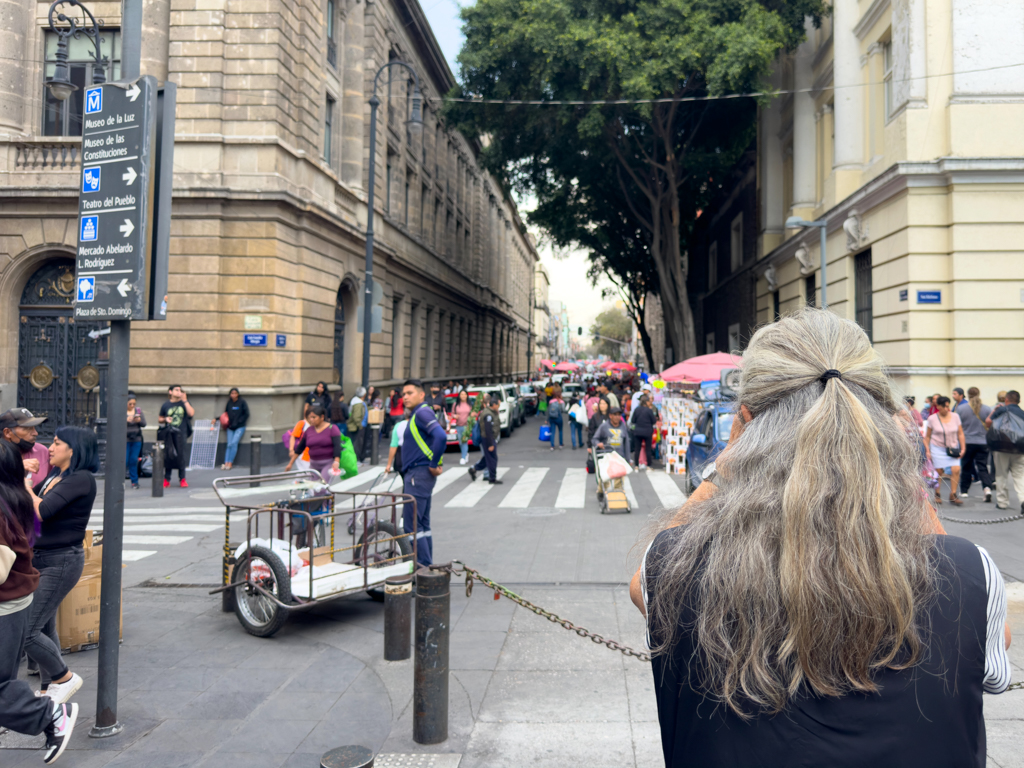 Ma fotografiert die Menschenmassen in einer Strasse im historischen Viertel in CDMX