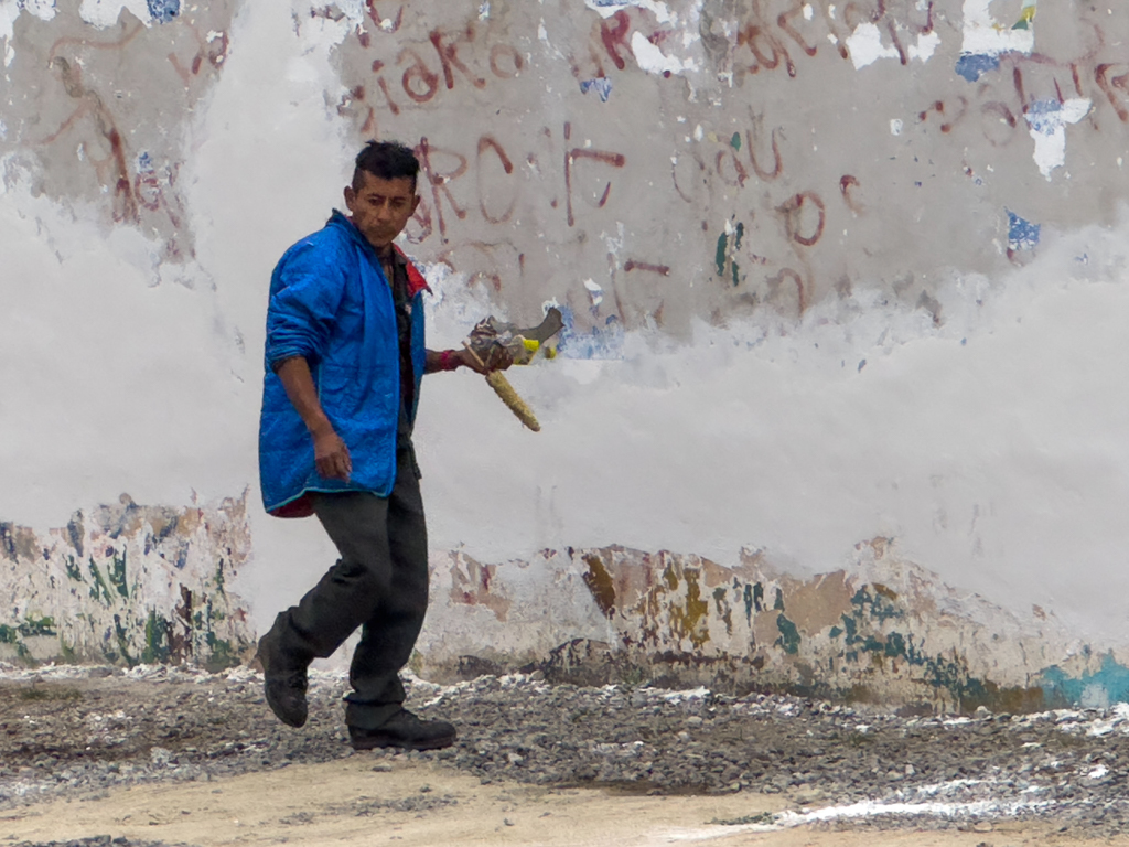 Jo's heissgeliebte alte blaue Jacke hat hier auf unserem Parkplatz in Cholula ein zweites Leben geschenkt bekommen.