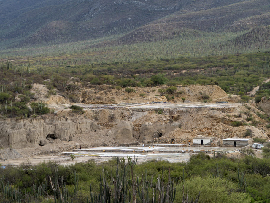 Blick auf die kleine Saline mit ihren Salzfeldern am Rande des Tehuacán-Cuicatlán Biosphären Reservates