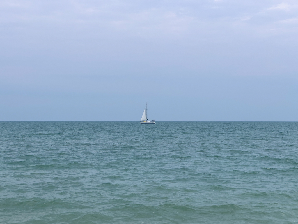 Ein Segelboot kreuzt im Meer mit vollem Segel