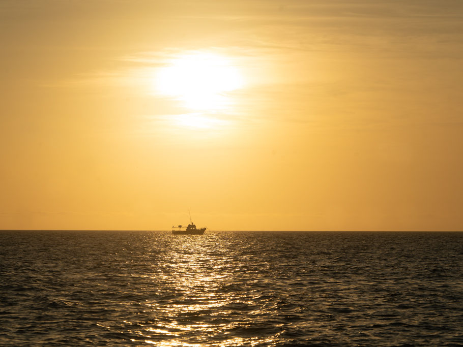 Ein kleines Fischerboot vor der untergehenden Sonne bei Celestun