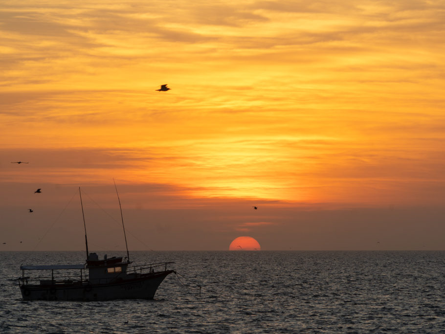 Ein Fischerboot dümpelt im Abendlicht vor Celestun dahin