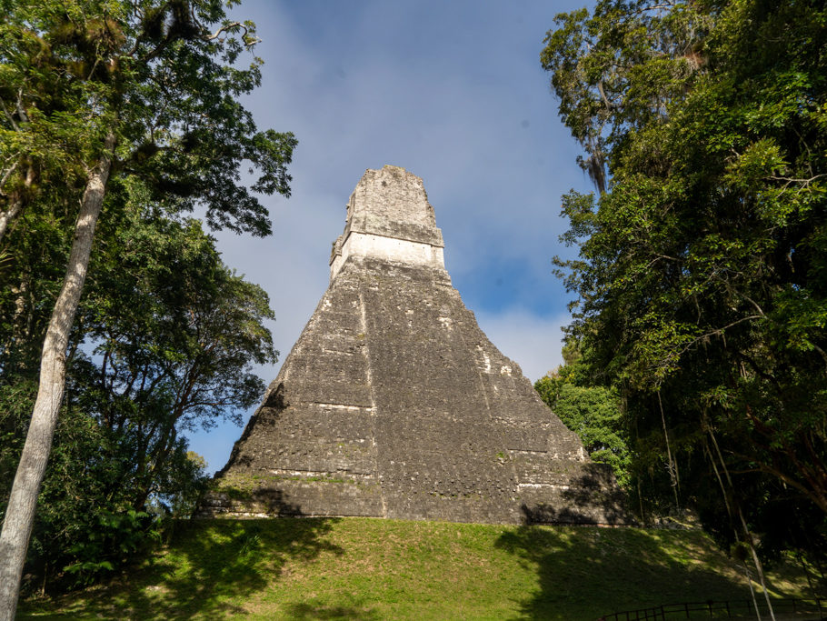 Eine der grossen Pyramiden hier in Tikal am frühen Morgen