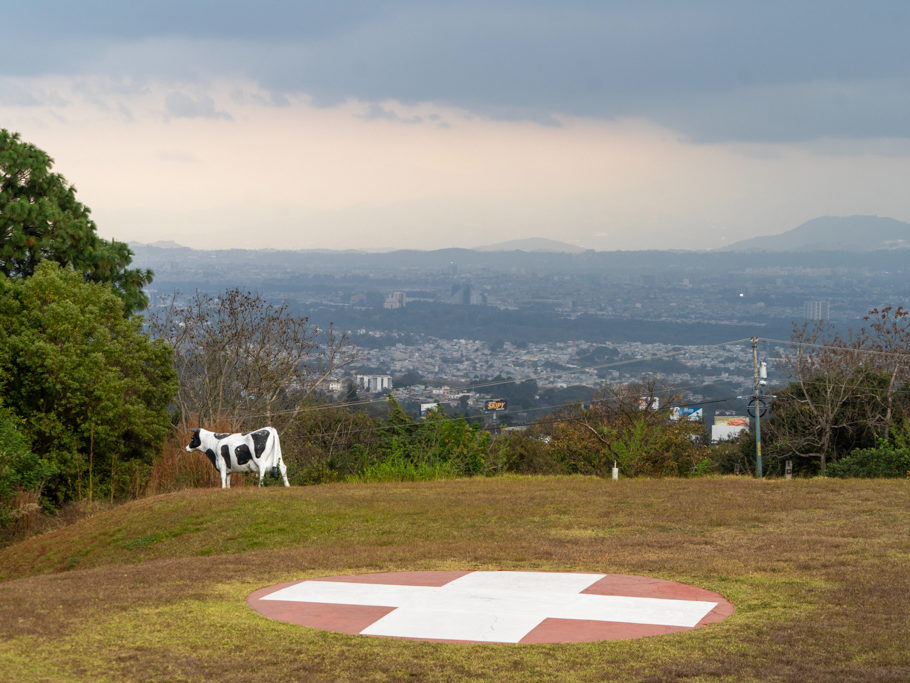 der Heliport von den Cabana Suiza mit Show Kuh und Blick auf die Stadt