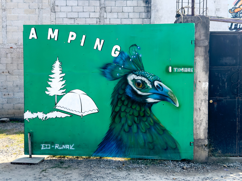 Toreinfahrt zum Camping El Vagamundo. Kevin der Haus Pfau ist ganz prominent zu sehen