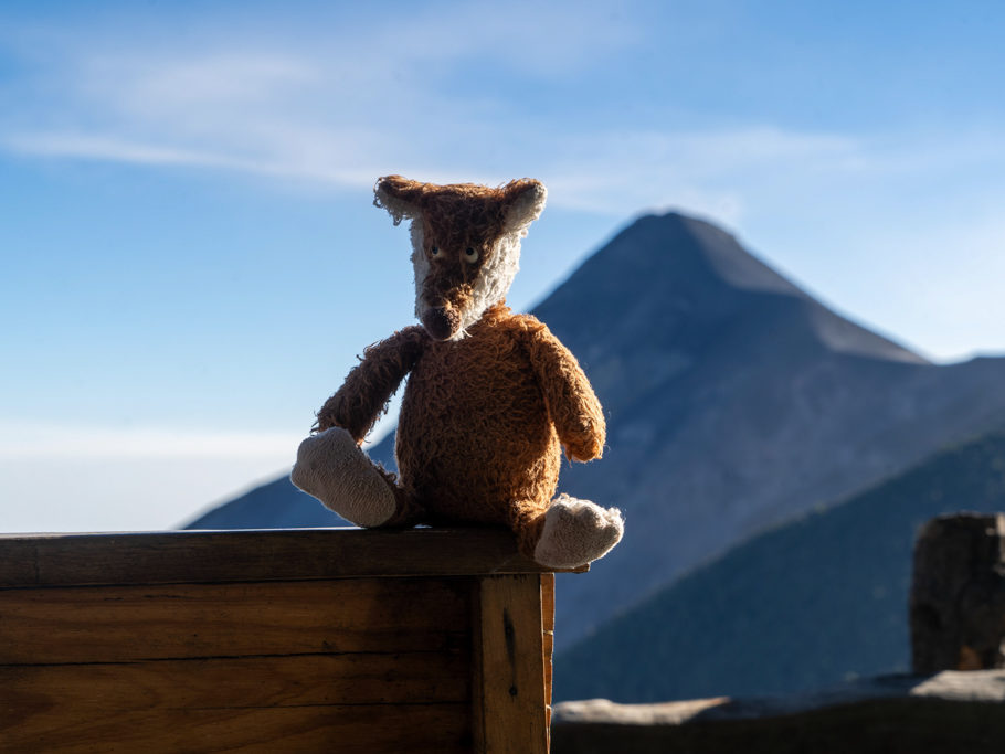 Im Basecamp: Mo posiert vor Fuego im Hintergrund