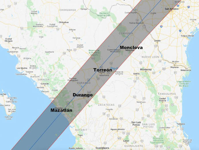 Verlauf der Sonnenfinsternis in Mexiko und Texas, 8.4.2024