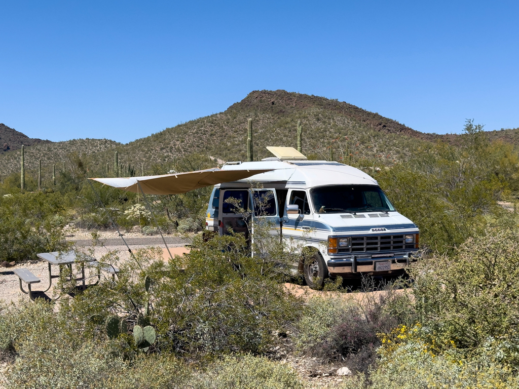 Martha mit Sonnensegel im Campground des Organ Pipe Cactus National Monuments