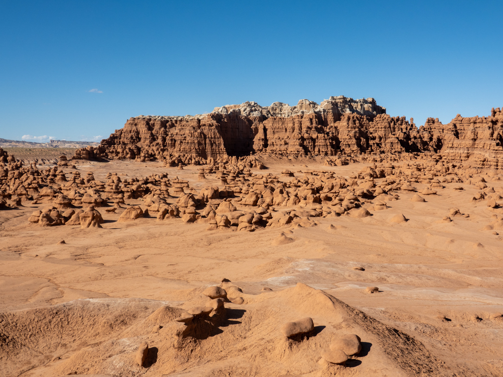 Ein grosses Feld mit vielen kleinen Goblins und einer hohen roten Felswand im Goblin Valley State Park