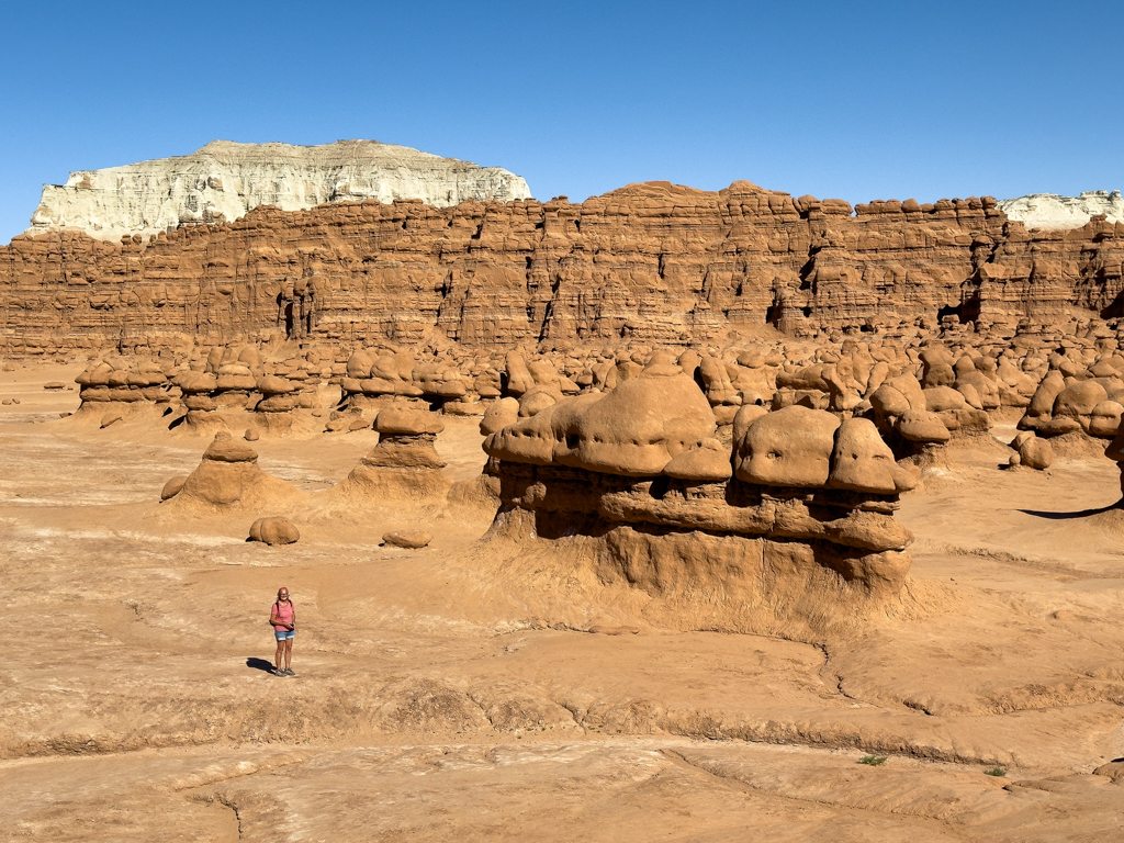 viele kleine rote Goblins mit Ma vor einer fast weissen Felswand im Goblin Valley State Park