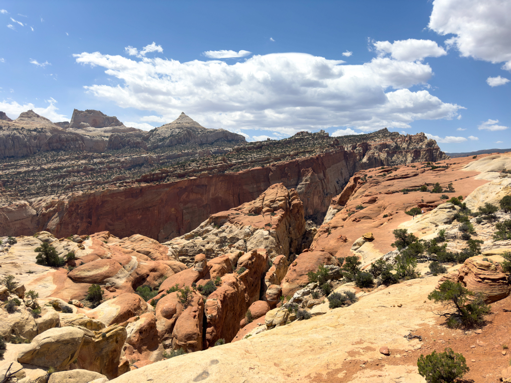 Blick von oben am Cassidy Arch auf die Felswände des Grand Wash und Umland