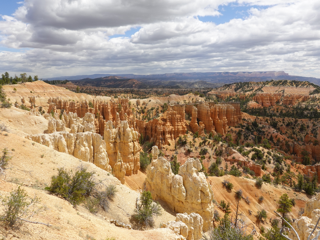 Ein rötliches Farbenmeer an Gesteinssäulen.Dahinter die Landschaft des Bryce Canyon