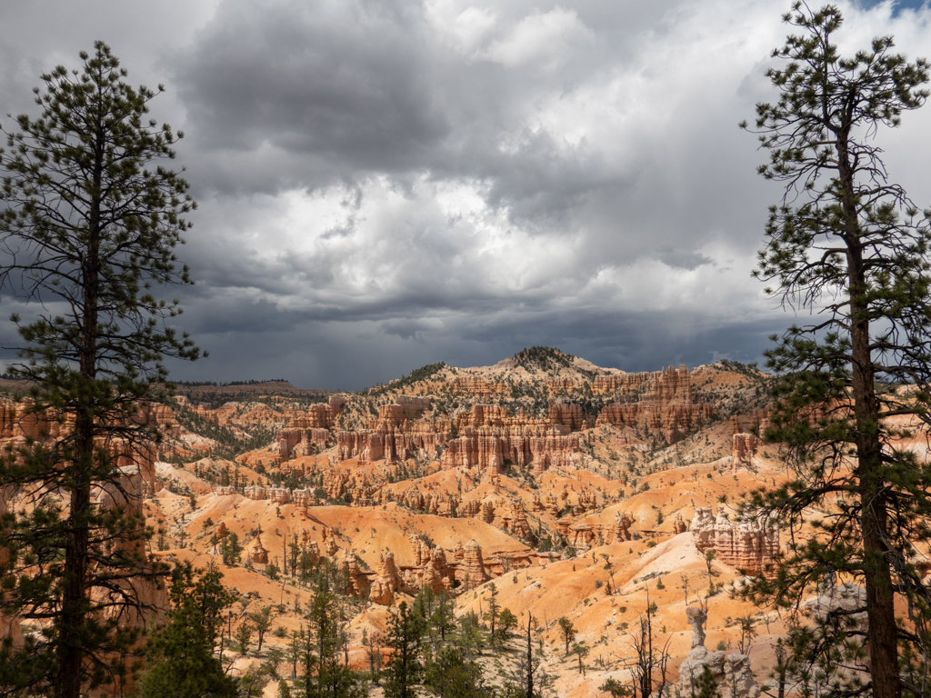 Blick über die Landschaft im Bryce Canyon mit aufziehenden dunklen Regenwolken am Himmel