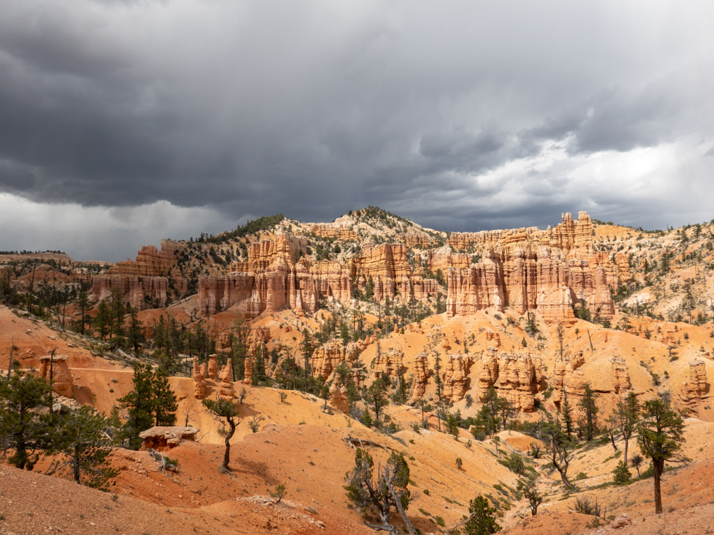 Blick über die Landschaft im Bryce Canyon mit aufziehenden dunklen Regenwolken am Himmel