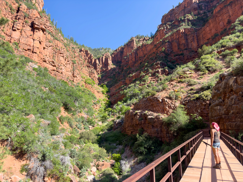 Ma schaut von der Redwall Brücke zurück zum Trailhead auf dem North Rim des Grand Canyons