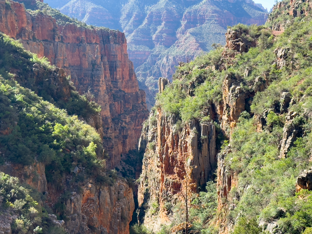 Aussicht von der Redwall Bridge in den Canyon des Bright Angel Creeks, der in den Colorado River mündet