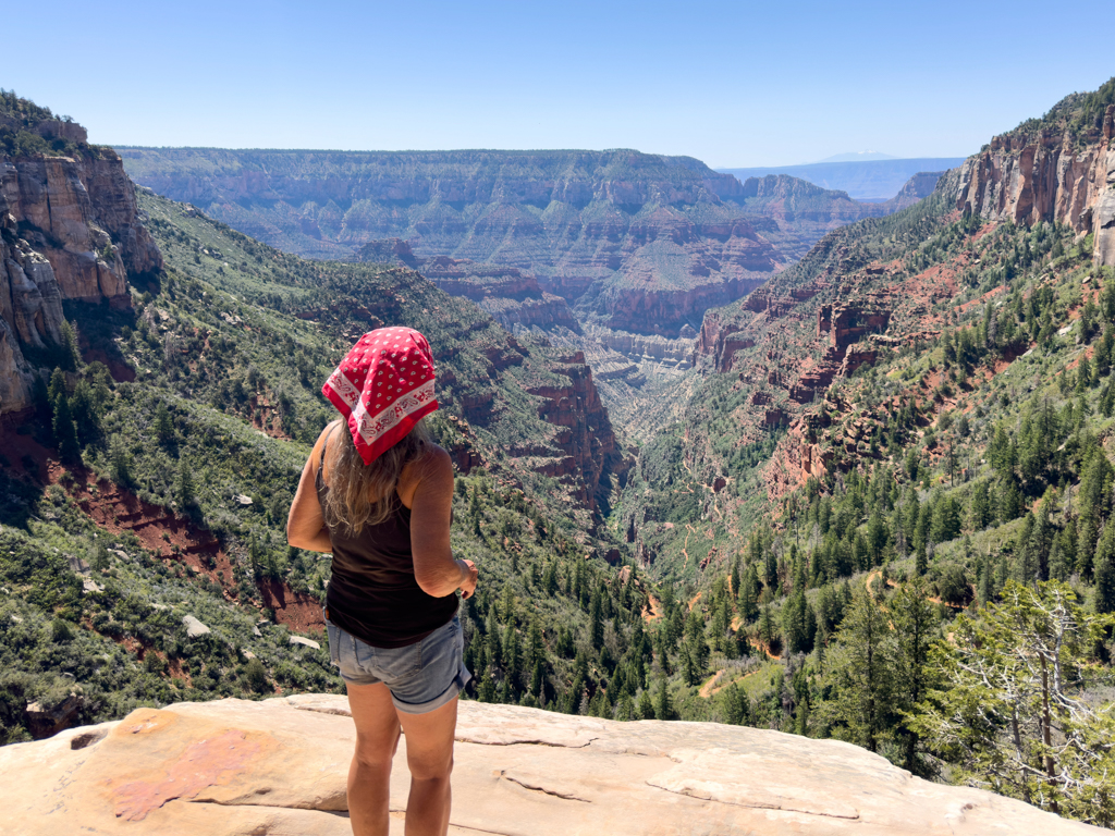 Ma geniesst beim Aufstieg nochmals den Ausblick vom Coconino Overlook in den Grand Canyon