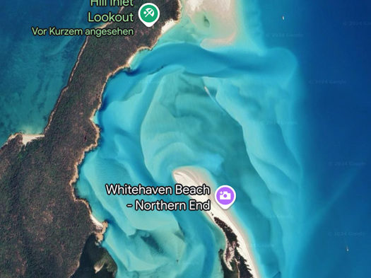 Diesen Teil von Withsunday Islands haben wir erkundet. Wie ein Strudel sind die flachen Sandbänke zu sehen