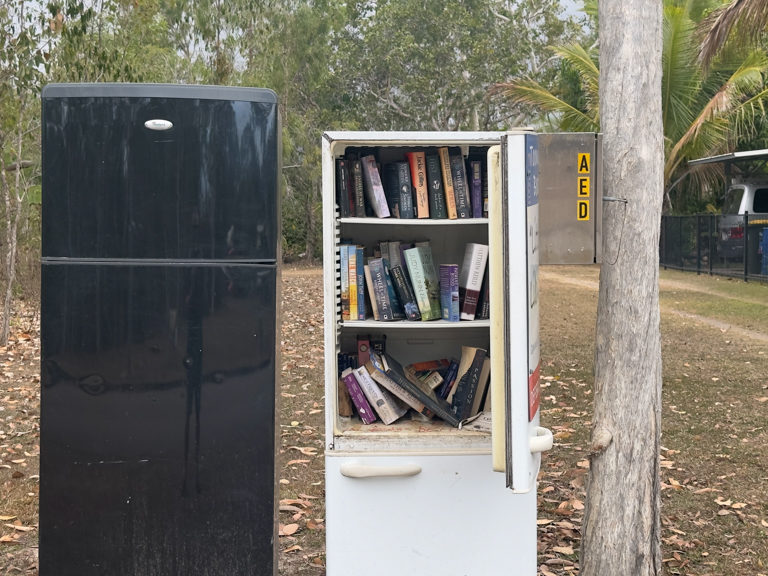 Die kleine Stadtbibliothek von Toomulla Beach. Leider ist der Inhalt etwas vergammelt. Nur ein Gecko und ein Frosch sind hier noch lebendig