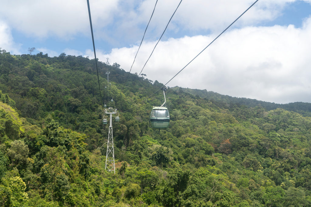 Los gehts. Wir sitzen in der Skyrail Seilbahn, unter uns der Regenwald