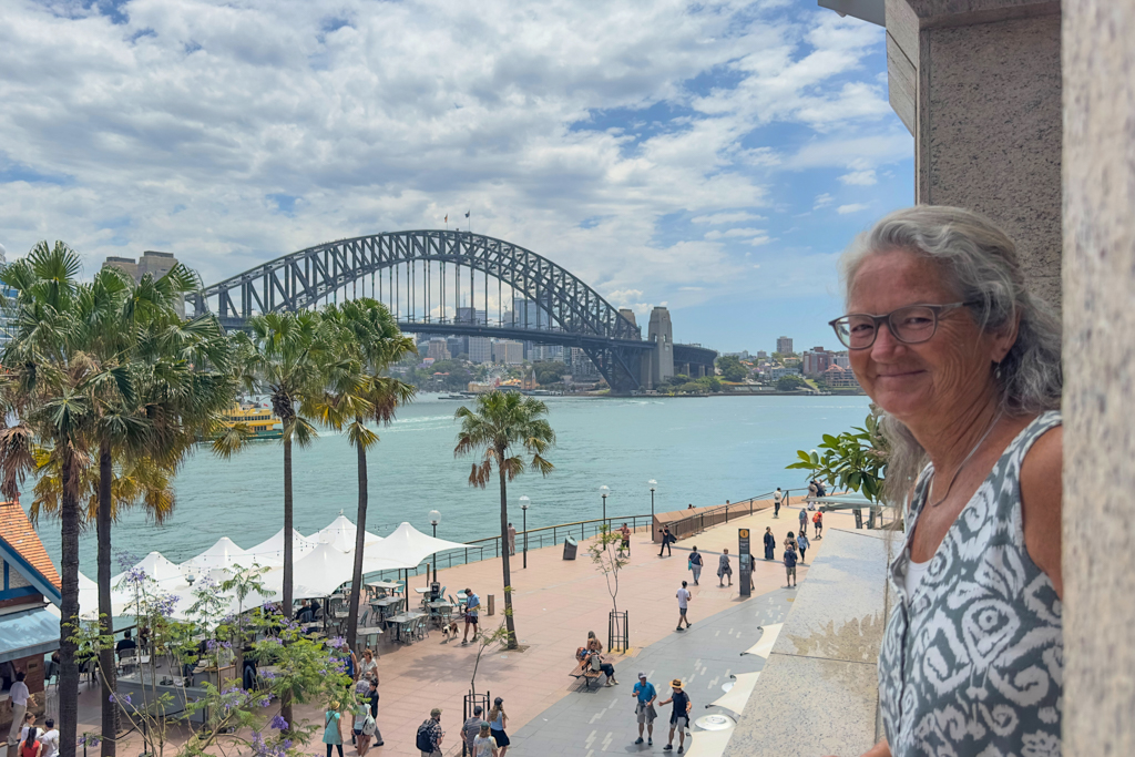 Mit Ma auf einer kleinen Aussichtsplattform mit Blick auf Harbour Bridge