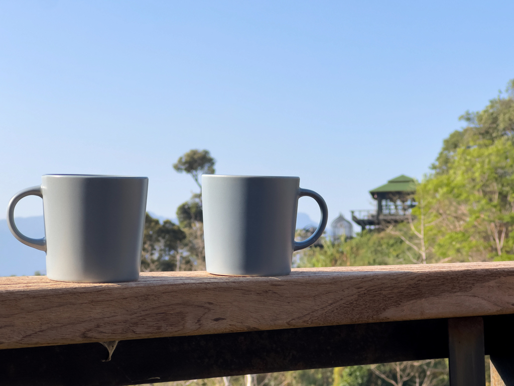 Unsere Kafitassen auf dem Balkongeländer, dahinter das Restaurant der Rock Lodge