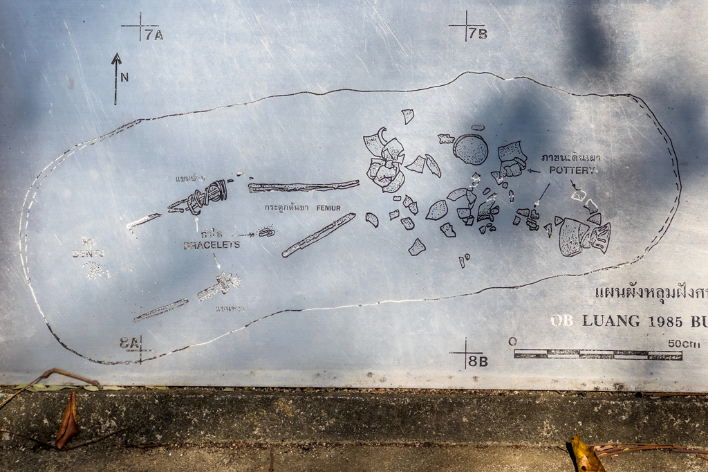 Schematische Darstellung des gefundenen Grabes aus der Bronzezeit: Zähne, wenige Knochen, Armreifen und Keramik