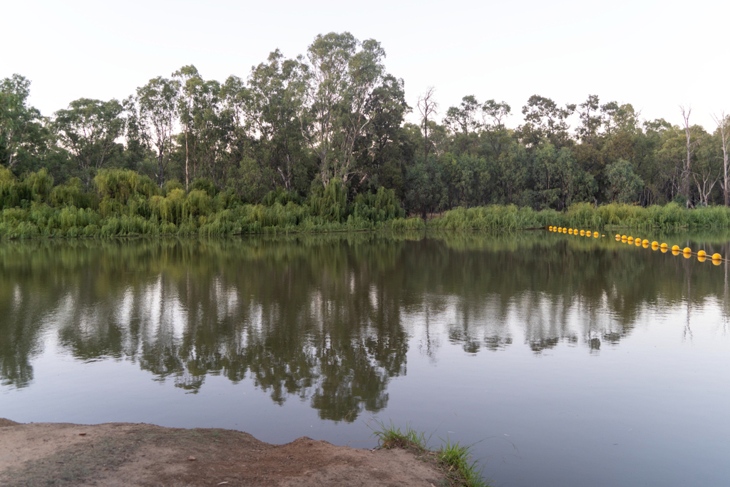 Der langsame Murrumbidgee River vor dem Gogledrie Weir bei uns am Campground